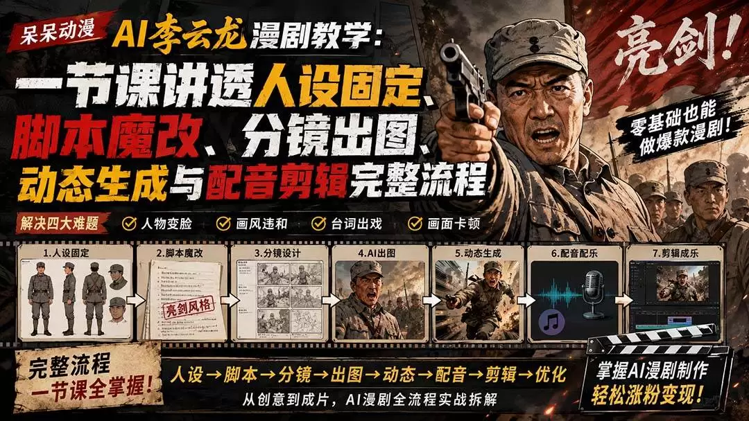 （20107期）呆呆动漫AI李云龙漫剧教学：一节课讲透人设固定、脚本魔改、分镜出图、动态生成与配音剪辑完整流程 - 青心资源站