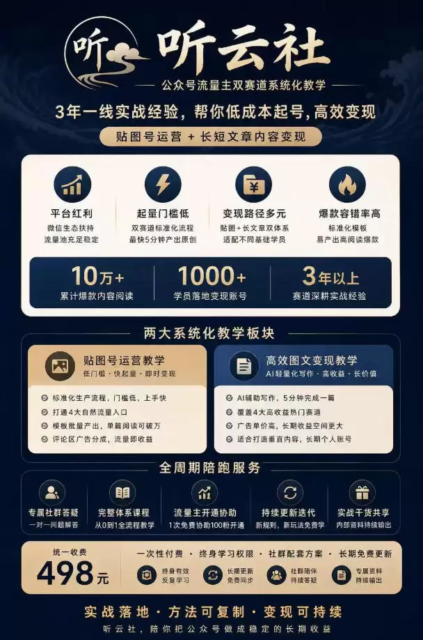 听云社公众号流量主双赛道系统化教学，3年一线实战经验，帮你低成本起号，高效变现，贴图号运营+长短文章内容变现 - 青心资源站