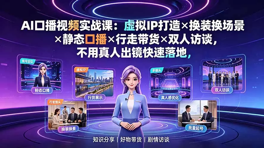 AI口播视频实战课：虚拟IP打造×换装换场景×静态口播×行走带货×双人访谈，不用真人出镜快速落地|青心网创站