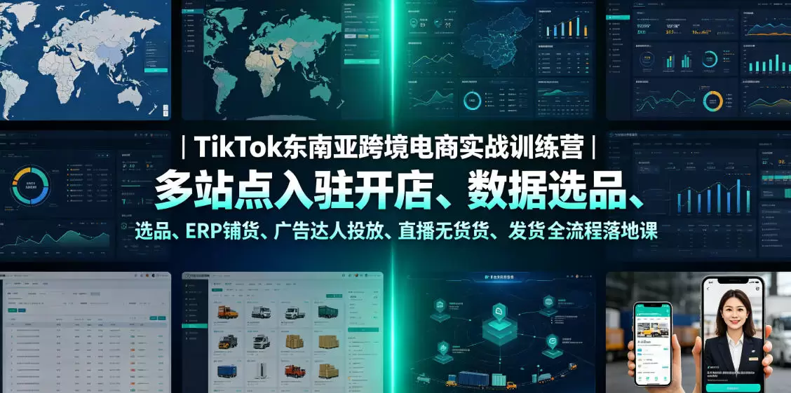 TikTok东南亚跨境电商实战训练营｜多站点入驻开店、数据选品、ERP铺货、广告达人投放、直播无货源发货全流程落地课|青心网创站