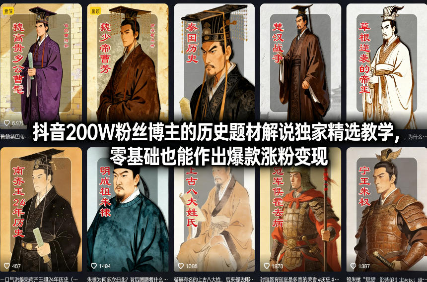 抖音200W粉丝博主的历史题材解说独家精选教学，零基础也能作出爆款涨粉变现青心网创青心网创站