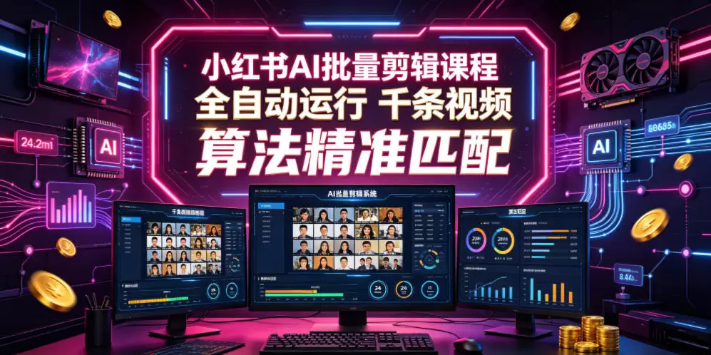 小红书AI批量剪辑课程，24小时全自动运行，解放双手专注运营，千条视频批量处理，小红书算法精准匹配|青心网创站