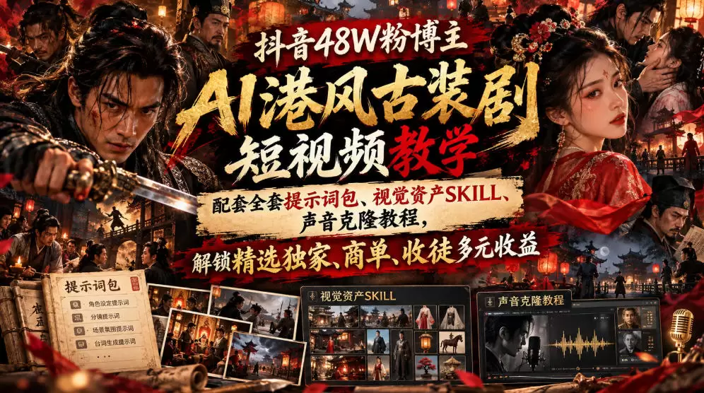 抖音48W粉博主AI港风古装剧短视频教学，配套全套提示词包、视觉资产SKILL、声音克隆教程，解锁精选独家、商单、收徒多元收益 - 青心资源站
