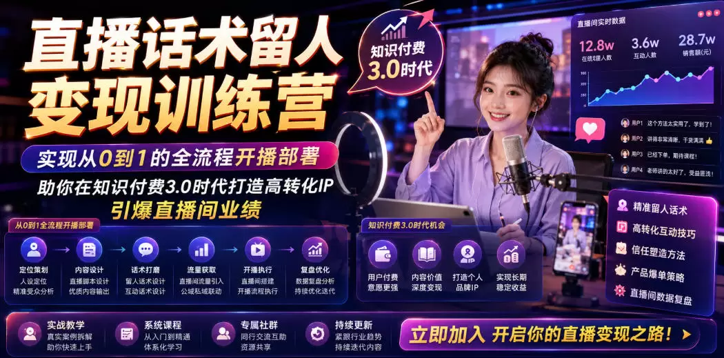直播话术留人变现训练营，实现从0到1的全流程开播部署，助你在知识付费3.0时代打造高转化IP，引爆直播间业绩|青心网创站