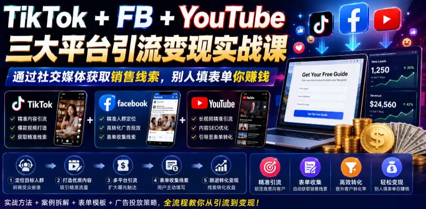 TikTok+FB+YouTube三大平台引流变现实战课，通过社交媒体获取销售线索，别人填表单你賺钱【原创双语字幕】|青心网创站
