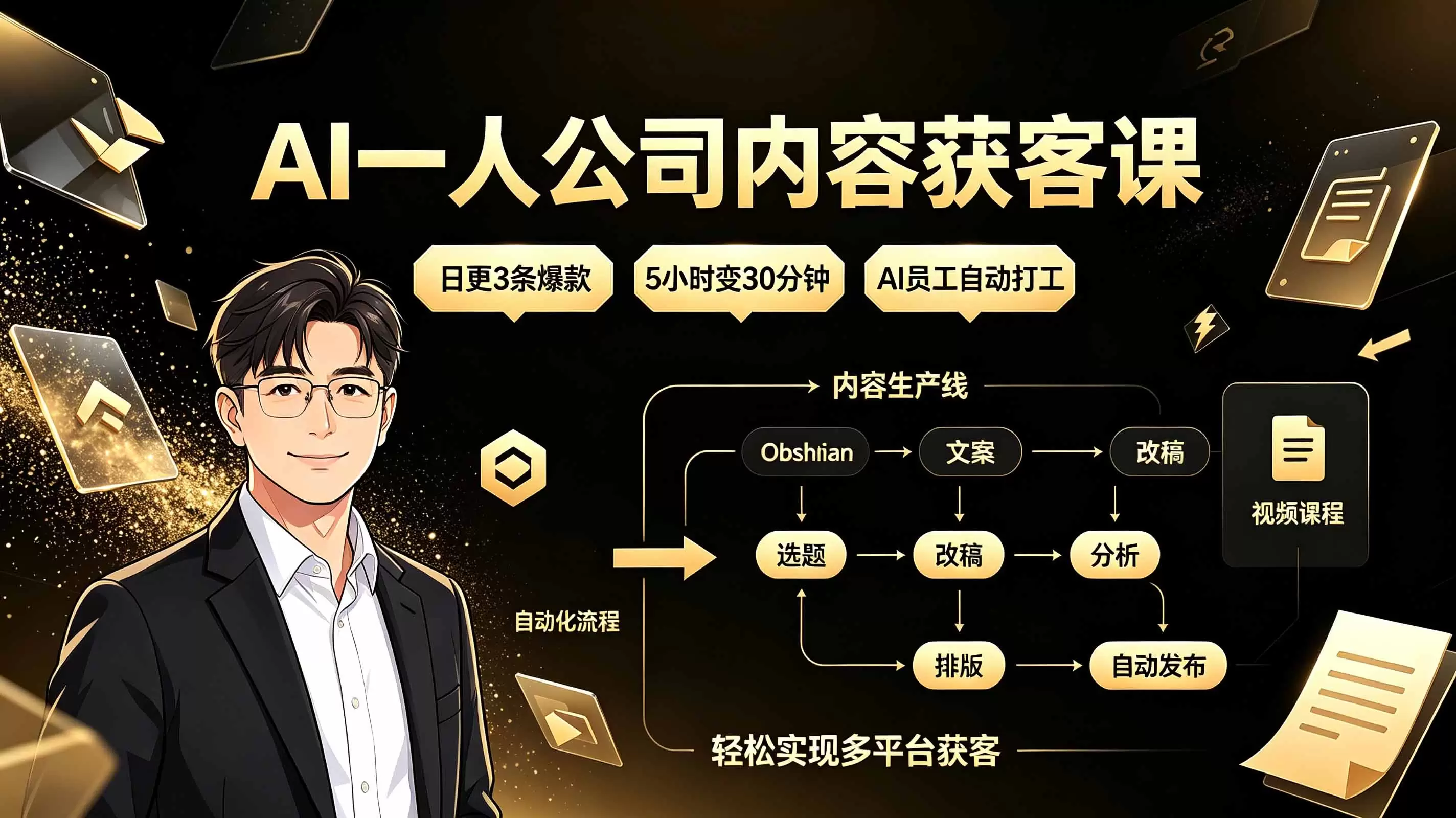 AI一人公司内容获客课：日更3条爆款×5小时变30分钟×AI员工自动打工，轻松实现多平台获客|青心网创站
