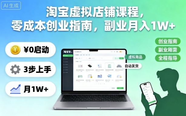 淘宝虚拟店铺课程,零成本创业指南,副业月入1W+-青心网创站