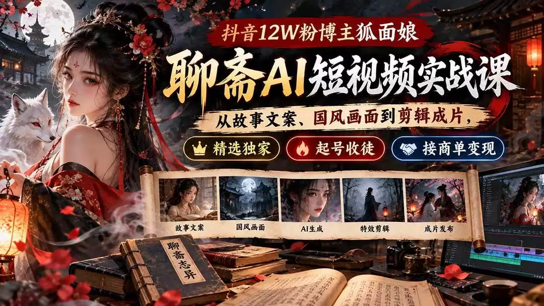 （20639期）抖音12W粉博主狐面娘-聊斋AI短视频实战课：从故事文案、国风画面到剪辑成片，精选独家+起号收徒+接商单变现 - 青心资源站
