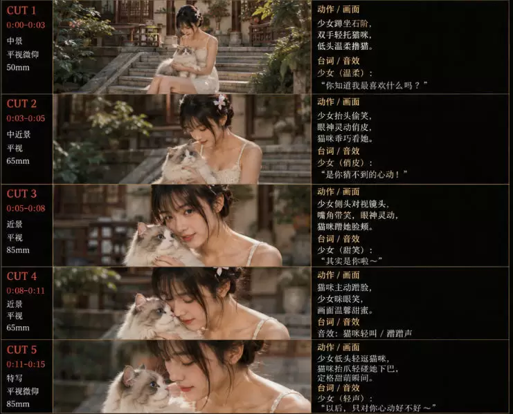 美女和猫故事提示词，人物一致性提示词+故事板|青心网创站