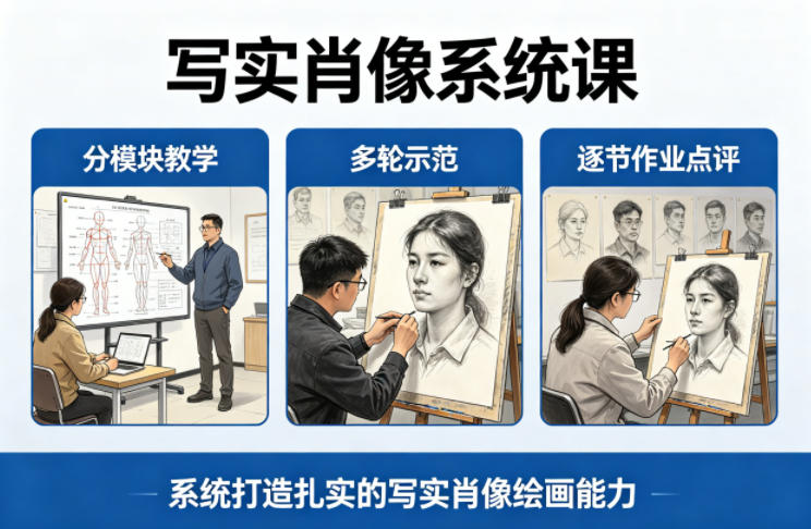 写实肖像系统课，全程分模块教学+多轮示范+逐节作业点评，系统打造扎实的写实肖像绘画能力|青心网创站