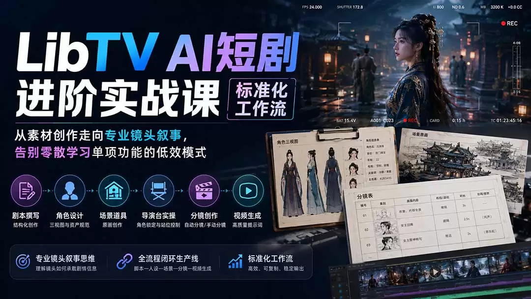 LibTV AI短剧进阶实操课标准化工作流；从素材创作走向专业镜头叙事，告别零散学习单项功能的低效模式|青心网创站