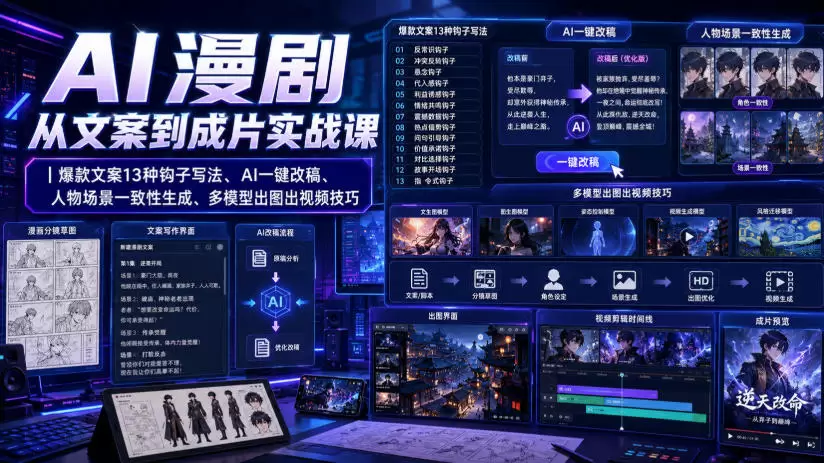 AI漫剧从文案到成片实战课｜爆款文案13种钩子写法、AI一键改稿、人物场景一致性生成、多模型出图出视频技巧|青心网创站