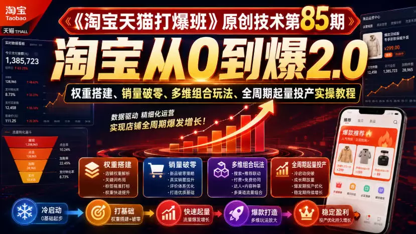 《淘宝天猫打爆班》原创技术第85期，淘宝从0到爆2.0，权重搭建、销量破零、多维组合玩法、全周期起量投产实操教程|青心网创站