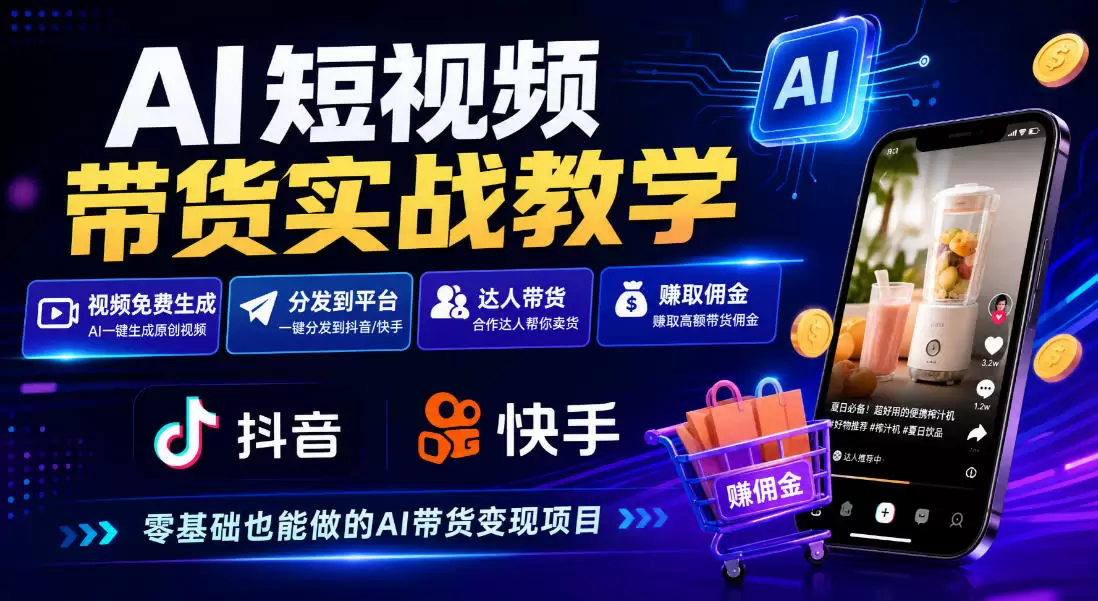 AI短视频带货实战教学，视频免费生成，分发到抖音快手平台，达人带货賺佣金 - 青心资源站