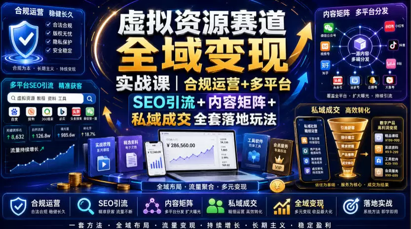 虚拟资源赛道全域变现实战课｜合规运营+多平台SEO引流+内容矩阵+私域成交全套落地玩法|青心网创站