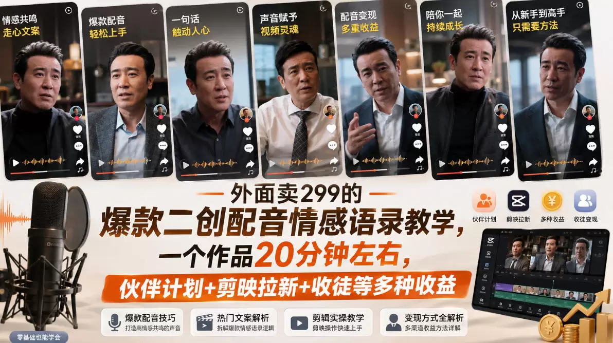 外面卖299的爆款二创配音情感语录教学,一个作品20分钟左右,伙伴计划+剪映拉新+收徒等多种收益 外面卖299的爆款二创配音情感语录教学,一个作品20分钟左右,伙伴计划+剪映拉新+收徒等多种收益
