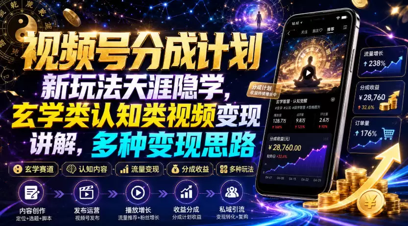 视频号分成计划新玩法天涯隐学，玄学类认知类视频变现讲解，多种变现思路|青心网创站