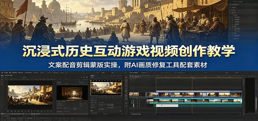 沉浸式历史互动游戏视频创作教学：文案配音剪辑蒙版实操，附AI画质修复工具配套素材|青心网创站