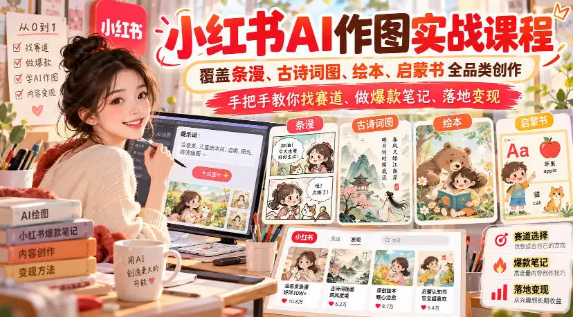 小红书AI作图实战课程，覆盖条漫、古诗词图、绘本、启蒙书全品类创作，手把手教你找赛道、做爆款笔记、落地变现 - 青心资源站