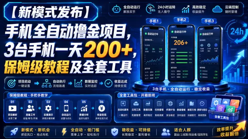 【新模式发布】手机全自动撸金项目，3台手机一天200+，保姆级教程及全套工具【揭秘】|青心网创站