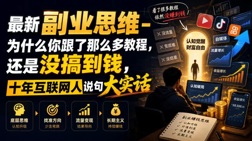 最新副业思维-为什么你跟了那么多教程，还是没搞到钱，十年互联网人说句大实话【揭秘】|青心网创站
