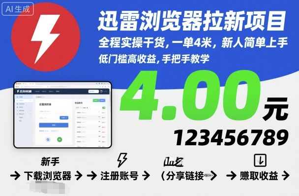 迅雷浏览器拉新项目,全程实操干货,一单4米,新人简单上手-青心网创站