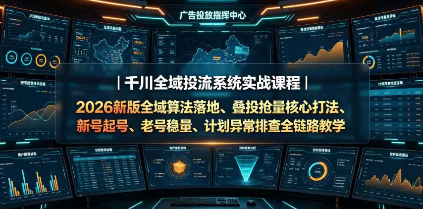 千川全域投流系统实战课程｜2026新版全域算法落地、叠投抢量核心打法、新号起号、老号稳量、计划异常排查全链路教学|青心网创站