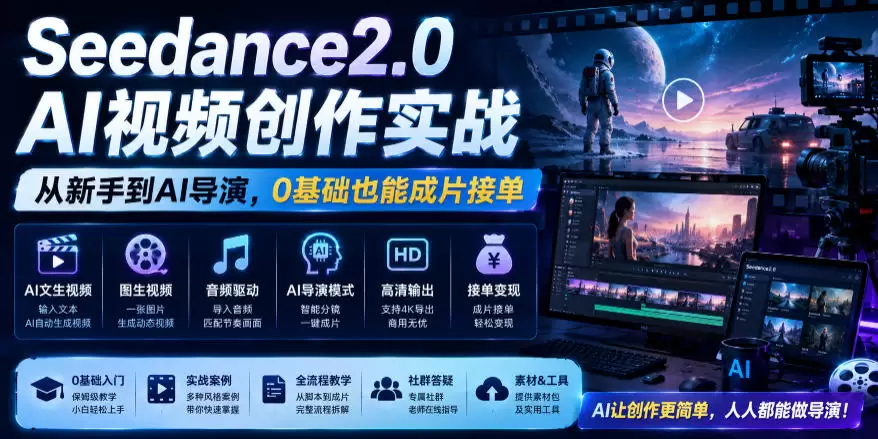 Seedance2.0 AI视频创作实战，从新手到AI导演，0基础也能成片接单变现|青心网创站