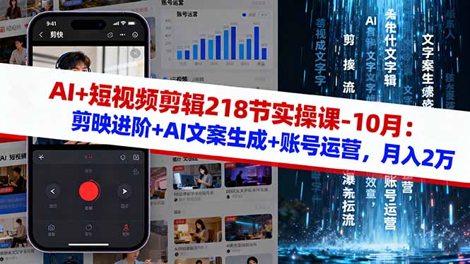 AI+短视频剪辑218节实操课-10月：剪映进阶+AI文案生成+账号运营，月入2万-青心网创站