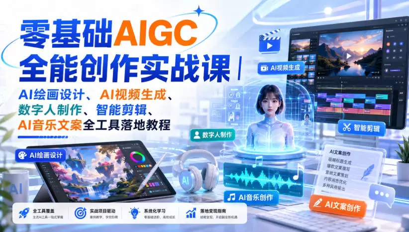 零基础AIGC全能创作实战课｜AI绘画设计、AI视频生成、数字人制作、智能剪辑、AI音乐文案全工具落地教程 - 青心资源站