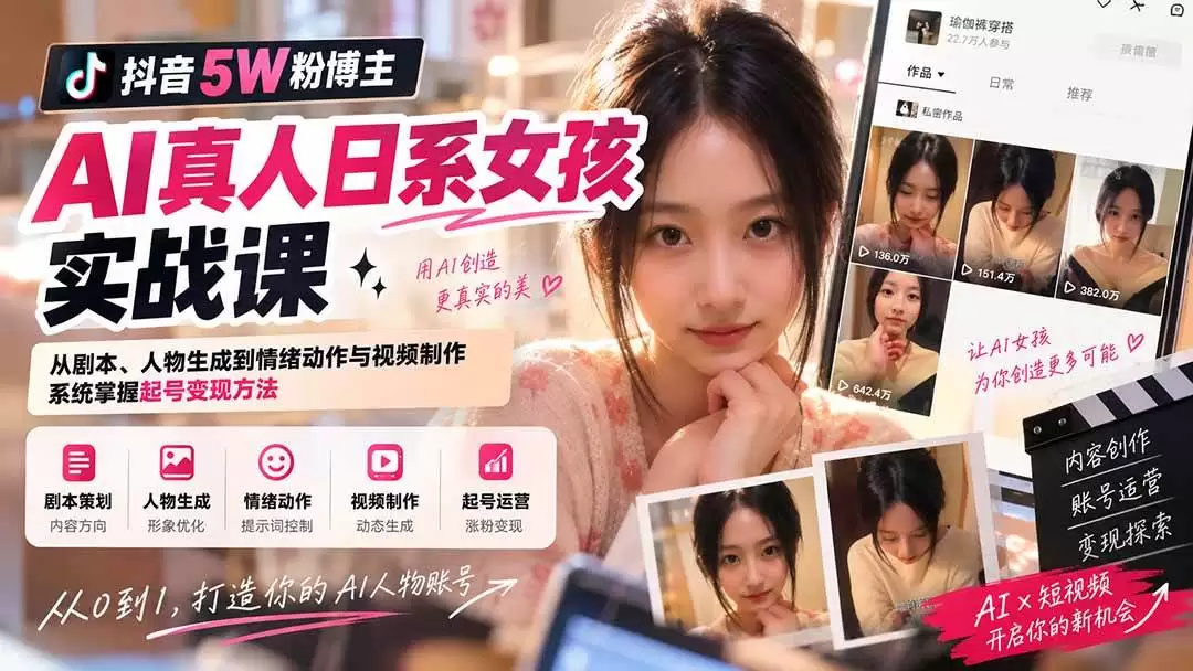 (20387期)抖音5W粉博主AI真人日系女孩实战课:从剧本、人物生成到情绪动作与视频制作,系统掌握起号变现方法 (20387期)抖音5W粉博主AI真人日系女孩实战课:从剧本、人物生成到情绪动作与视频制作,系统掌握起号变现方法