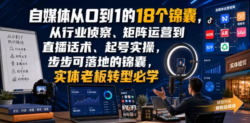 自媒体从0到1的18个锦囊，从行业侦察、矩阵运营到直播话术、起号实操，步步可落地的锦囊，实体老板转型必学|青心网创站