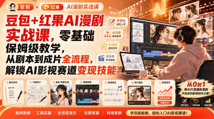豆包+红果AI漫剧实战课，零基础保姆级教学，从剧本到成片全流程，解锁AI影视赛道变现技能 - 青心资源站