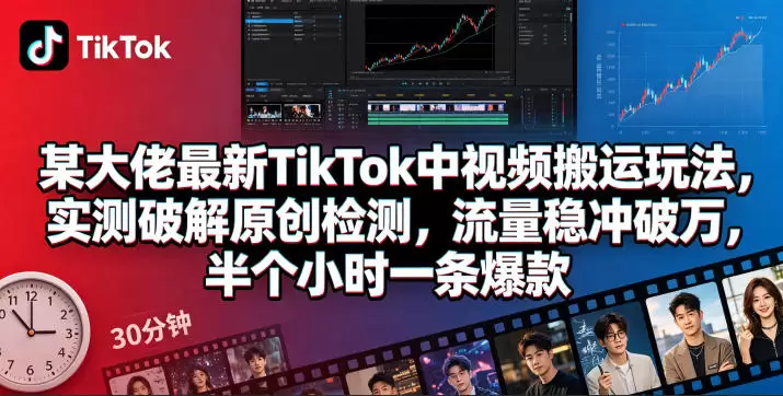某大佬最新TikTok中视频搬运玩法，实测破解原创检测，流量稳冲破万，半个小时一条爆款|青心网创站