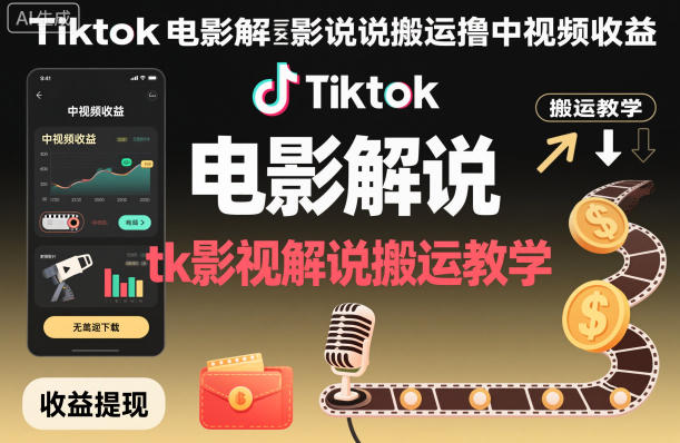 Tiktok电影解说搬运撸中视频收益,tk影视解说搬运教学-青心网创站