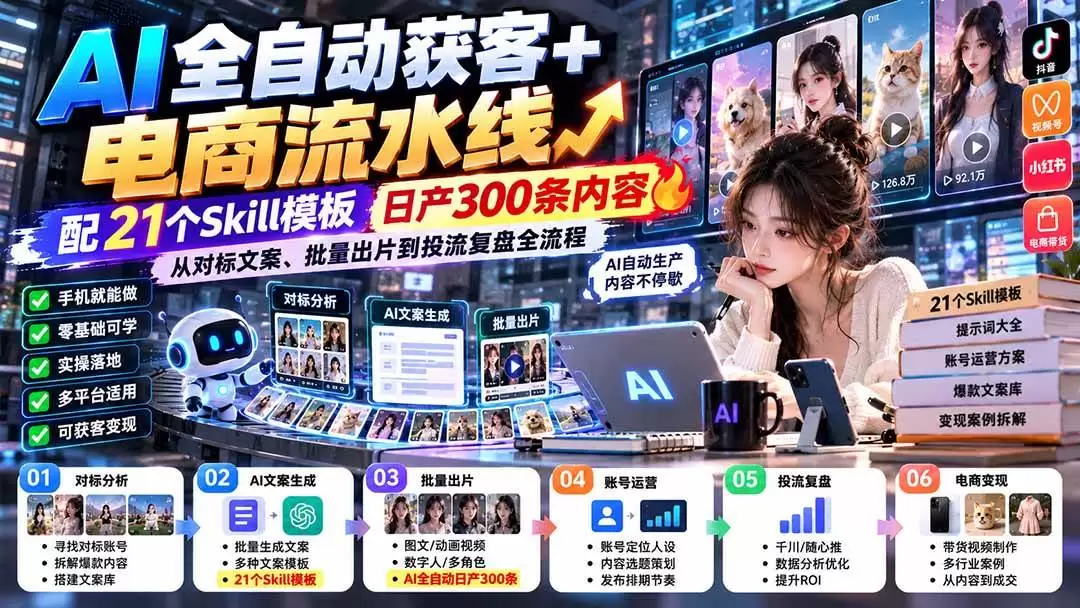 （20664期）AI全自动获客+电商流水线：配21个Skill模板，日产300条内容，从对标文案、批量出片到投流复盘全流程 - 青心资源站