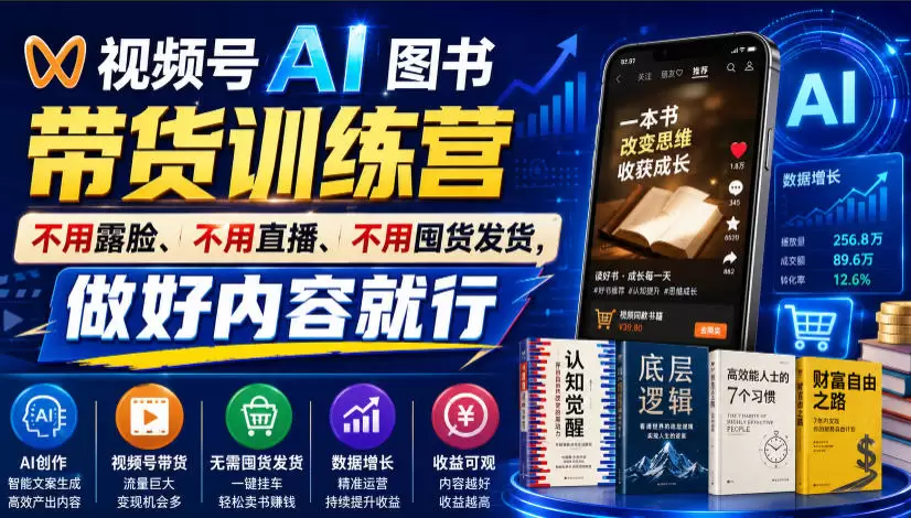 视频号AI图书带货训练营，不用露脸、不用直播、不用囤货发货，做好内容就行，一条爆款视频佣金8942