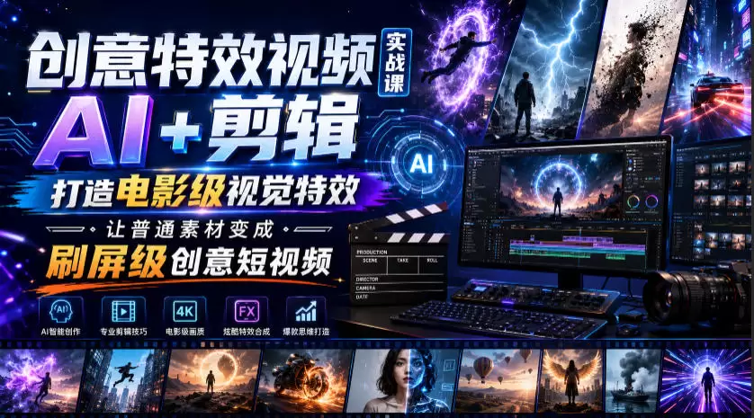 创意特效视频实战课，AI+剪辑打造电影级视觉特效，让普通素材变成刷屏级创意短视频|青心网创站