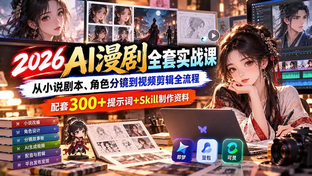 （20629期）2026AI漫剧全套实战课：从小说剧本、角色分镜到视频剪辑全流程，配套300+提示词+Skill制作资料 - 青心资源站