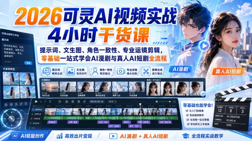 2026可灵AI视频实战4小时干货课｜提示词、文生图、角色一致性、专业运镜剪辑，零基础一站式学会AI漫剧与真人AI短剧全流程 - 青心资源站