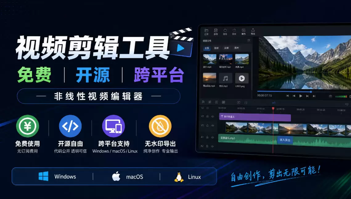 视频剪辑工具，免费、开源、跨平台，非线性视频编辑器，支持Windows、macOS、Linux，无水印、无订阅费用