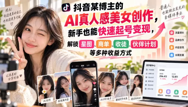抖音某博主的AI真人感美女创作,新手也能快速起号变现,解锁星图,商单,收徒,伙伴计划等多种收益方式 抖音某博主的AI真人感美女创作,新手也能快速起号变现,解锁星图,商单,收徒,伙伴计划等多种收益方式