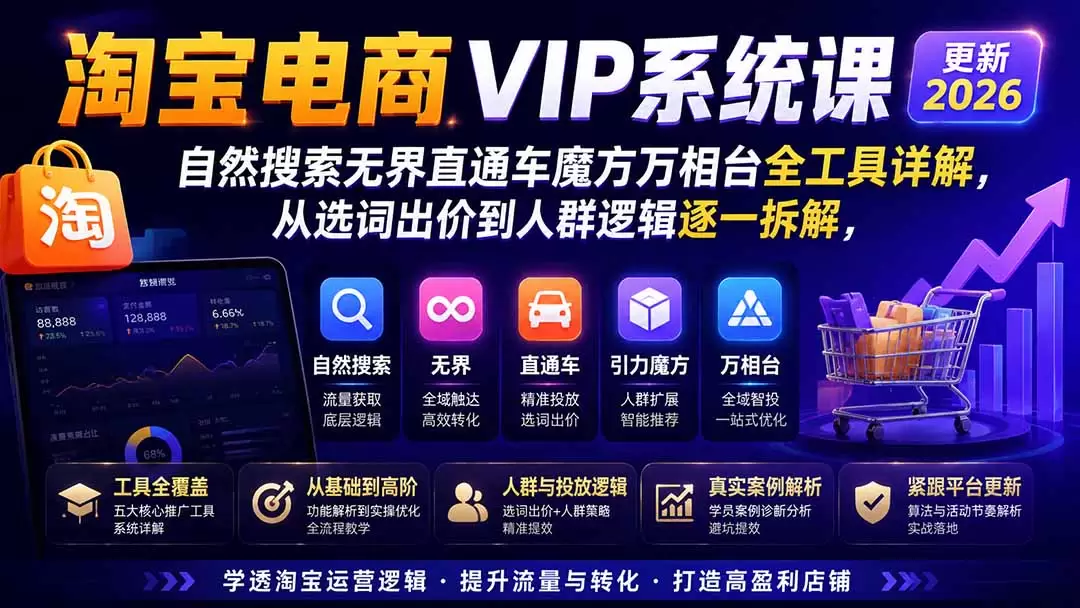 淘宝电商VIP系统课-更新8月；自然搜索无界直通车魔方万相台全工具详解，从选词出价到人群逻辑逐一拆解|青心网创站