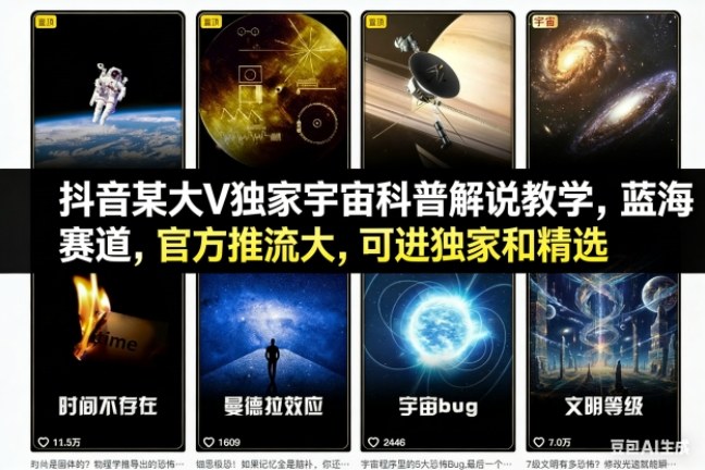 抖音某大V独家宇宙科普解说教学，蓝海赛道，官方推流大，可进独家和精选-青心网创站