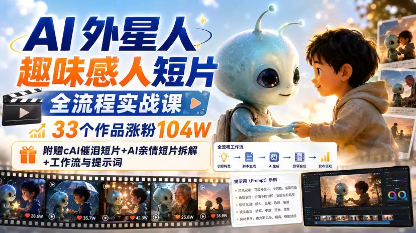 AI外星人趣味感人短片全流程实战课，33个作品涨粉104W，附赠AI催泪短片+AI亲情短片拆解+工作流与提示词 - 青心资源站