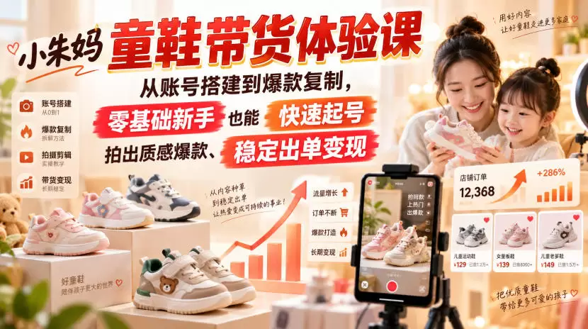 小朱妈童鞋带货体验课，从账号搭建到爆款复制，零基础新手也能快速起号、拍出质感爆款、稳定出单变现 - 青心资源站