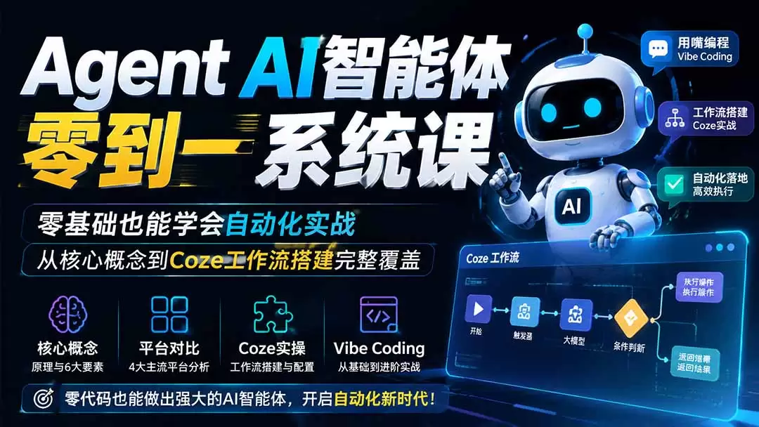 Agent AI智能体零到一系统课；零基础也能学会自动化实战，从核心概念到Coze工作流搭建完整覆盖|青心网创站