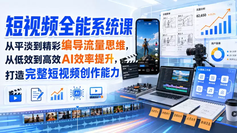 短视频全能系统课，从平淡到精彩编导流量思维，从低效到高效AI效率提升，打造完整短视频创作能力（2026年8月30更新233集） - 青心资源站