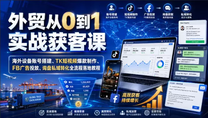 外贸从0到1实战获客课｜海外设备账号搭建、TK短视频爆款制作、FB广告投放、询盘私域转化全流程落地教程|青心网创站