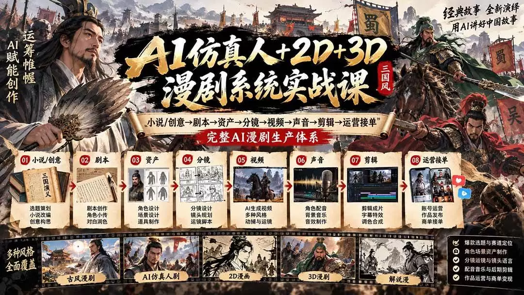 （20685期）AI仿真人+2D+3D漫剧系统实战课：小说/创意→剧本→资产→分镜→视频→声音→剪辑→运营接单，完整AI漫剧生产体系 - 青心资源站